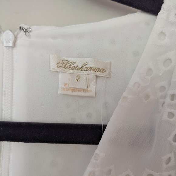 SHOSHANNA Jordi Optic White Eyelet Puff Sleeve V Neck Asymmetrical Midi Dress - Picture 8 of 9